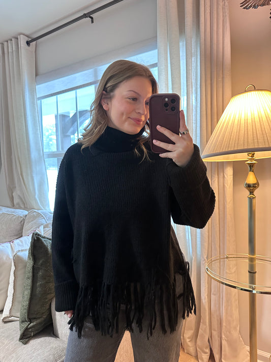 FRINGE HEM RIBBED TURTLENECK SWEATER